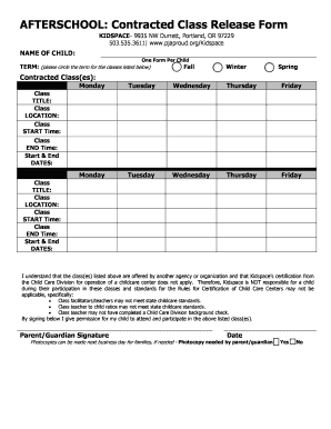 Afterschool Contracted Class Release Form