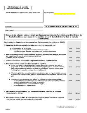Demande de prise en charge initiale par l’assurance maladie d'un médicament inhibiteur de la cholinestérase ou à base de mémantine prescrit dans le traitement de la maladie d’Alzheimer