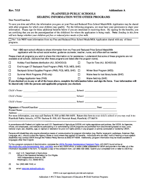 Plainfield Public Schools Information Sharing Addendum