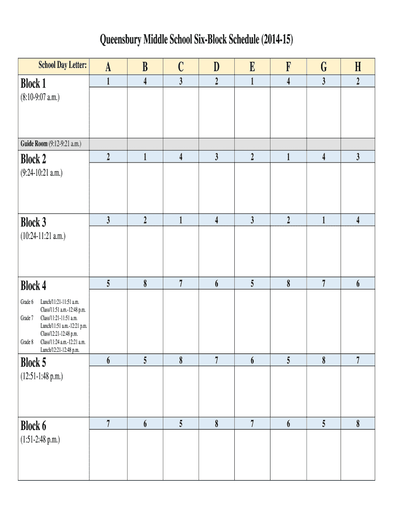 Fillable Online Queensbury Middle School SixBlock Schedule 201415 A B