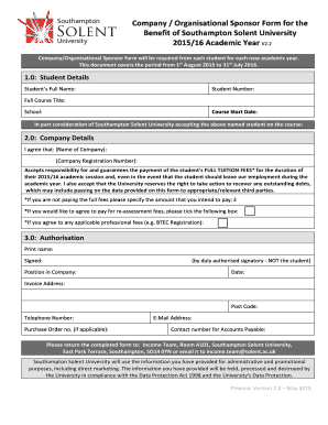 Company Sponsor Form for Southampton Solent University