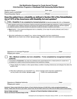 Diet Modification Request for Child Nutrition Programs