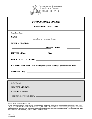 Food Handler Course Registration Form