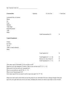 Lemonade Stand Financial Planning Form