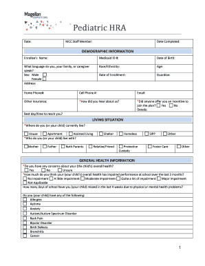 Pediatric Health Risk Assessment Form