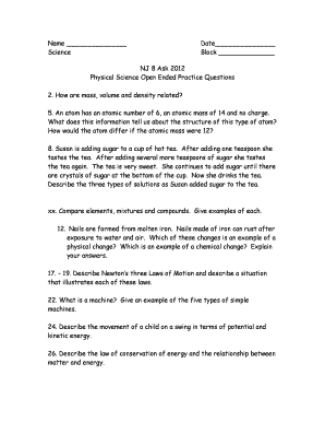 Physical Science Open Ended Practice Questions