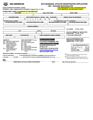 USA Swimming 2015 Seasonal Athlete Registration Application