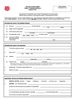 The Salvation Army Family Tracing Service Inquiry Form