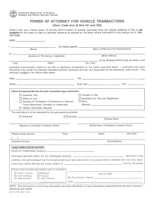 Tennessee Power of Attorney for Vehicle Transactions