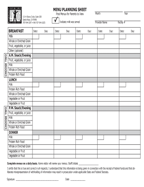 Childcare Menu Planning Sheet