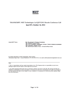 Call for meeting sample - NIIT Tech Q2FY2013 Earnings Conference Call