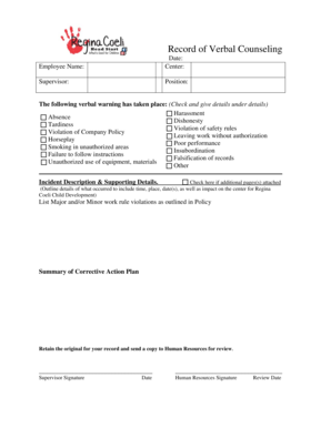 Record of Verbal Counseling - rccdc