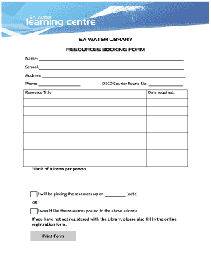 SA Water Library Resources Booking Form