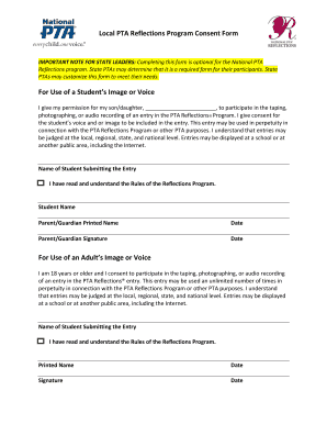 PTA Reflections Program Consent Form