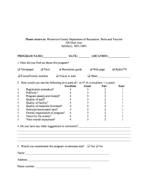 Wicomico County Recreation Program Feedback Form
