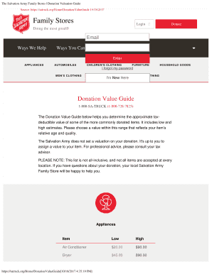 Fillable Online The Salvation Army Family Stores Donation Valuation Guide Fax Email Print ...