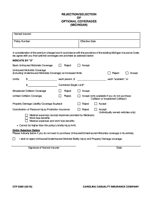 Michigan Optional Auto Insurance Coverage Rejection Form