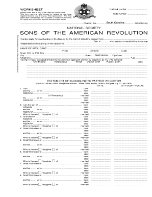 Sons of the American Revolution Membership Application Worksheet