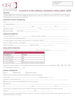 UT-Austin Study Abroad Insurance Enrollment Form