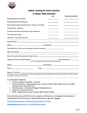 Safety Training for Swim Coaches In-Water Skills Checklist