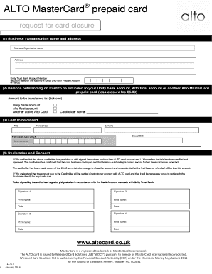 Alto MasterCard Prepaid Card Closure Request
