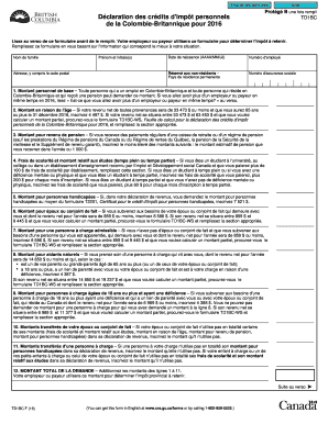 Déclaration des crédits d'impôt personnels TD1BC de la Colombie-Britannique pour 2016