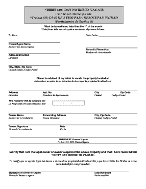 Thirty Day Notice to Vacate