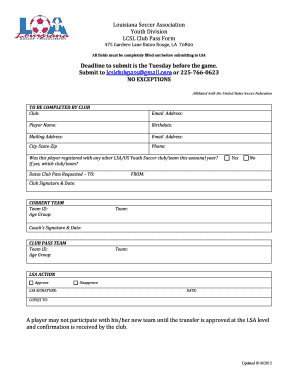 Louisiana Soccer Association Club Pass Form