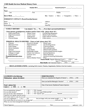 UMD Health Services Medical History Form