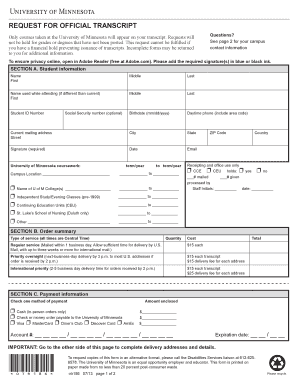 University of Minnesota Official Transcript Request Form