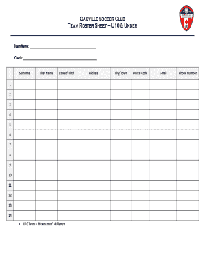 Oakville Soccer Club Team Roster Sheet U10 Under