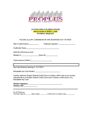 Reloadable Debit Card Funding Request