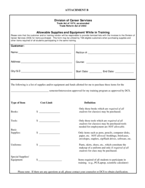 Trade Act Training Supplies and Equipment Form