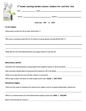 5th Grade Learning Garden Lessons: Student Pre- and Post-Test
