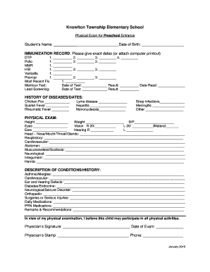Preschool Entrance Physical Exam Form