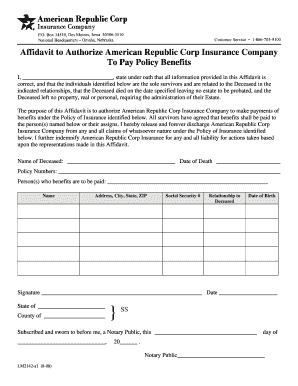 Affidavit to Authorize Insurance Benefit Payment