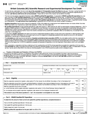 British Columbia Scientific Research and Experimental Development Tax Credit Form