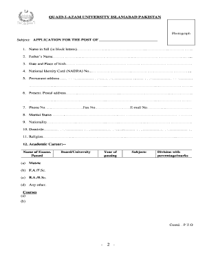 Application for Post at Quaid-i-Azam University