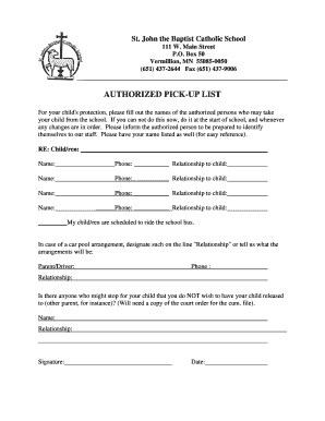Authorized Pick-Up List