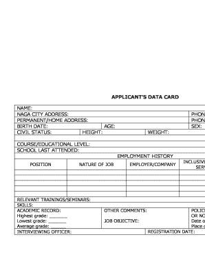 Applicant Data Card
