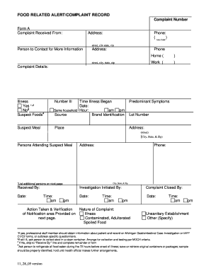 Food Related Alert/Complaint Record