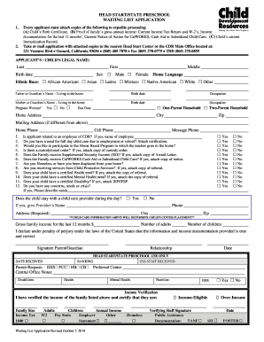 Head Start/State Preschool Waiting List Application