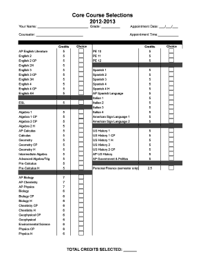 Core Course Selections Form