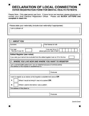 Declaration of Local Connection Voter Registration Form for Mental Health Patients
