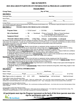 Ski Sundown Group Participant Information and Program Agreement