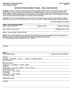 Wisconsin Child Care Intake Form for Under 2 Years