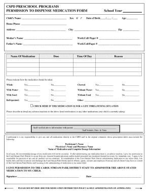 Carol Stream Park District Preschool Medication Permission Form