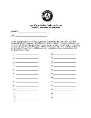 AmeriCorps Student Leaders Orientation Sign-In Sheet