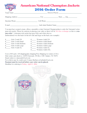 Fillable Online American National Champion Jackets 2016 Order Form Fax ...