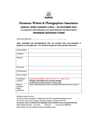 MEMBERS BOOKING FORM - HWPA